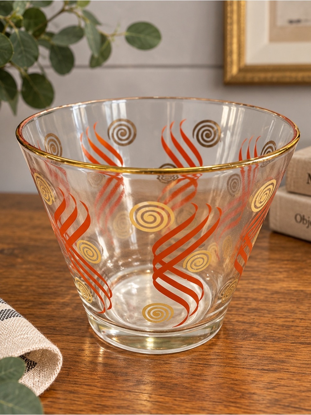 VINTAGE GLASS ICE BUCKET – Orange & Gold Spiral Design